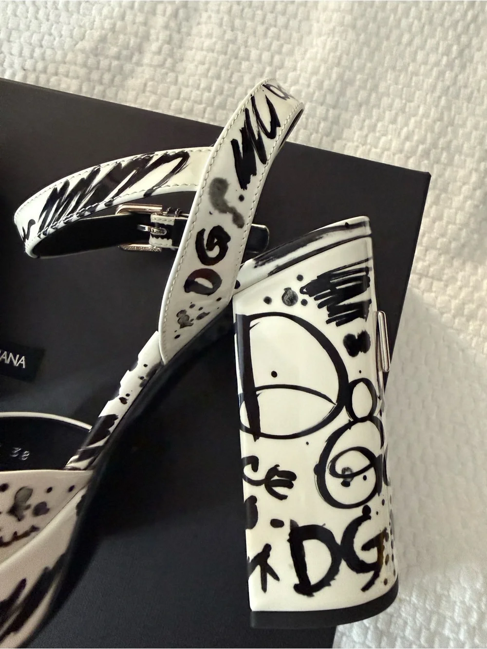 Dolce & Gabbana White and Black Graffiti Block Heel Sandals